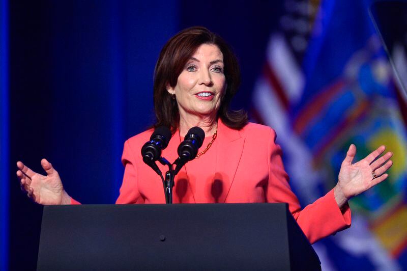 New York Gov. Kathy Hochul speaks before President Joe Biden arrives to deliver remarks on the CHIPS and Science Act at the Milton J. Rubenstein Museum in Syracuse, N.Y., Thursday, Apr. 25, 2024. (AP Photo/Adrian Kraus)