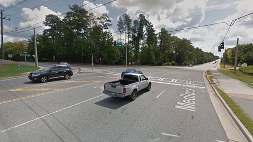 Gwinnett will work with Peachtree Corners to jointly use 2017 SPLOST funds for improvement of the intersection at Medlock Bridge Road and Bush Road. Google Maps