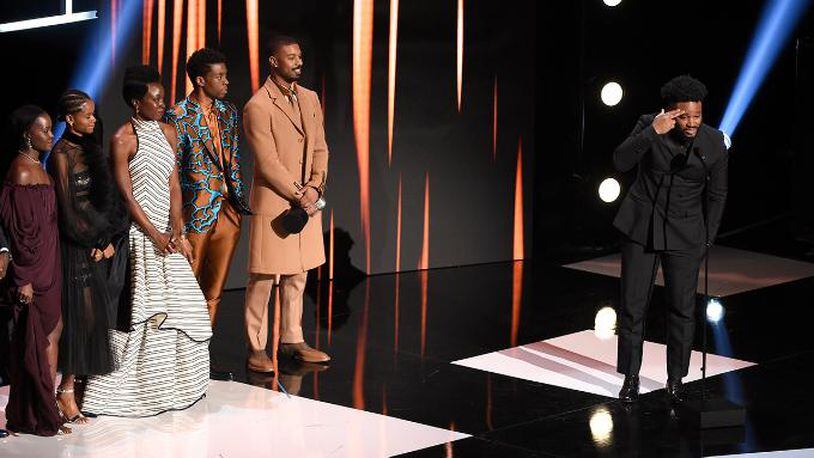 Ryan Coogler, right, and the cast of "Black Panther," accept the award for outstanding motion picture at the 50th annual NAACP Image Awards on Saturday, March 30, 2019, at the Dolby Theatre in Los Angeles.