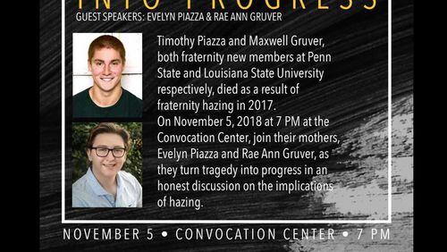 This flier promotes an upcoming event to stop hazing that features the parents of two college students who died after separate hazing incidents on their campuses.