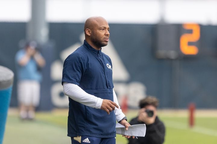 Running back coach Mike Daniels watches a drill during the first day of spring practice for Georgia Tech football at Alexander Rose Bowl Field in Atlanta, GA., on Thursday, February 24, 2022. (Photo Jenn Finch)