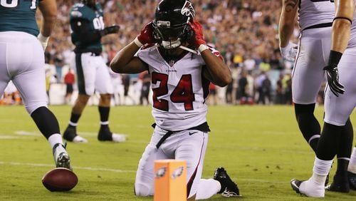 Falcons running back Devonta Freeman reacts after being tackled short of the end zone on fourth down during the first half Thursday, Sept. 6, 2018, against the Philadelphia Eagles at Lincoln Financial Field in Philadelphia.