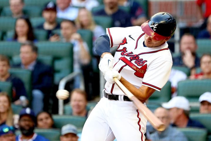 Atlanta Braves' first baseman Matt Olson (28) hits a double during the first inning of a baseball game on Wednesday, April 27, 2022. Miguel Martinez / miguel.martinezjimenez@ajc.com