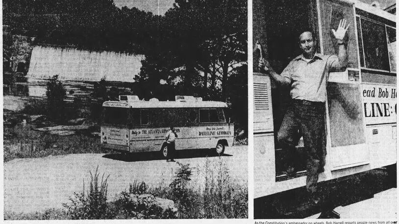 Reporter Bob Harrell, right, was photographed for a full page ad that appeared in The Atlanta Constitution in September 1972 about his Dateline Georgia articles. At left is a motor home he used on assignment. (AJC Archives)