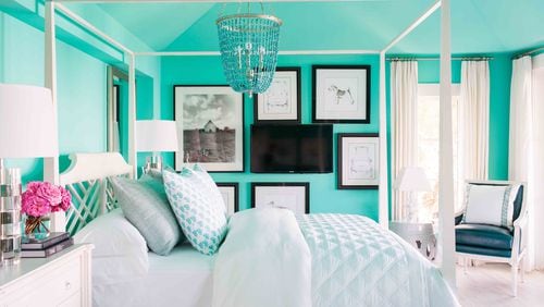While the main spaces are kept light and neutral, Designer Brian Patrick Flynn decided to go bold in the HGTV Dream Home master bedroom using a bright shade of blue-green called Thai Teal from Glidden on its walls and ceiling. Contributed by HGTV/Rustic White Photography