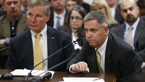 In January 2016, Georgia Tech president Bud Peterson (left) and Dean of Students John M. Stein were among the witnesses at a committee meeting, called by State Rep. Earl Ehrhart, chairman of the committee that allocates funds to Georgia’s colleges, that is reviewing the due process policies at all of Georgia’s colleges, but particularly Georgia Tech. BOB ANDRES / BANDRES@AJC.COM