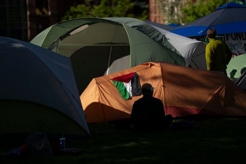 University of Oregon students set up a tent encampment at the university to protest the Israel-Hamas war on Monday, April 29, 2024, in Eugene, Ore. (AP Photo/Jenny Kane)