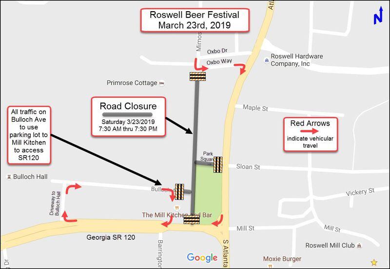 This is a map of the road closures for the 2019 Roswell Beer Festival. (City of Roswell)
