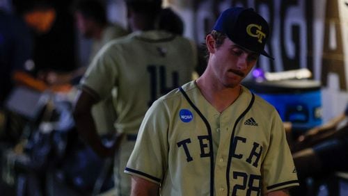 Georgia Tech Logan McGuire reacts after watching Georgia score three runs in the 10th inning during the Athens Regional at Foley Field on Sunday, June 2, 2024, in Athens.
(Miguel Martinez / AJC)