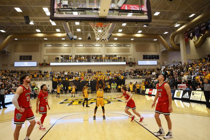 Kennesaw State guard Terrell Burden (1) makes a free throw during the second half at the Kennesaw State Convention Center on Thursday, Feb 16, 2023.
 Miguel Martinez / miguel.martinezjimenez@ajc.com
