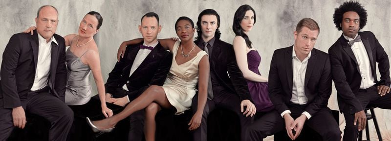 Actor’s Express presents the epic two-part drama “Angels in America” in rotating repertory, Jan. 12-Feb. 17. The cast features Robert Bryan Davis (from left), Carolyn Cook, Grant Chapman, Parris Sarter, Louis Greggory, Cara Mantella, Joe Sykes and Thandiwe DeShazor. CONTRIBUTED BY ASHLEY EARLES-BENNETT