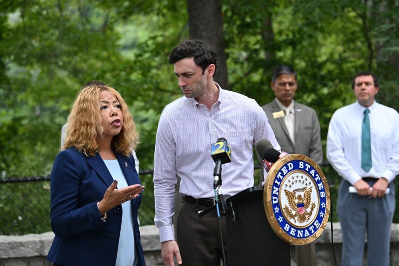U.S. Rep. Lucy McBath, shown with U.S. Sen. Jon Ossoff, said she intends to remain in Congress even though Republicans used a special legislative session to make significant alterations for a second time to the district she's representing to make it more GOP-friendly. “Regardless of what the GOP throws at me, I won’t quit. That’s why I’m set on returning to Congress in 2024,” McBath said. “However, the new maps drawn by Republicans are putting my reelection campaign in serious jeopardy.” (Hyosub Shin / hyosub.shin@ajc.com)
