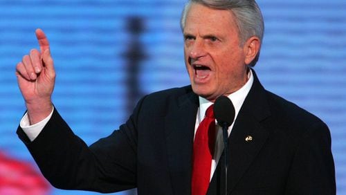 FILE - Sen. Zell Miller (D-Ga.) addresses the Republican National Convention in New York, Sept. 1, 2004. Miller, a cantankerously independent politician from the mountains of northern Georgia who disdained journalists and battled fellow Democrats in his four years in the Senate, died at home in Young Harris, Ga., on March 23, 2018. He was 86. (Vincent Laforet/The New York Times)