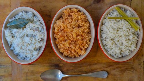 Pilaf ingredients can vary, but the technique for preparing rice pilaf does not. Pictured (from left to right) are classic rice pilaf, Italian-inspired tomato rice pilaf, and coconut rice pilaf. (Virginia Willis for The Atlanta Journal-Constitution)