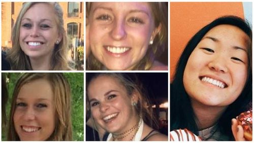 Brittany Feldman, 20, of Alpharetta (top left); Kayla Canedo, 19, of Alpharetta (top center); Halle Scott, 19, of Dunwoody (bottom left); and Christina Semeria, 19, of Milton (bottom center) were killed in a Wednesday night crash in Athens. Agnes Kim, 21, of Snellville (far right) is in critical condition. (FACEBOOK PHOTOS)