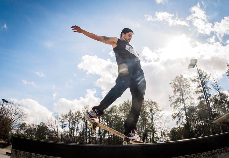 Nick Wheeler of Sandy Springs takes advantage of warm winter weather to  skateboard at Brook Run Park, Wednesday, Feb. 1, 2017, in Dunwoody. (John Amis/Special)