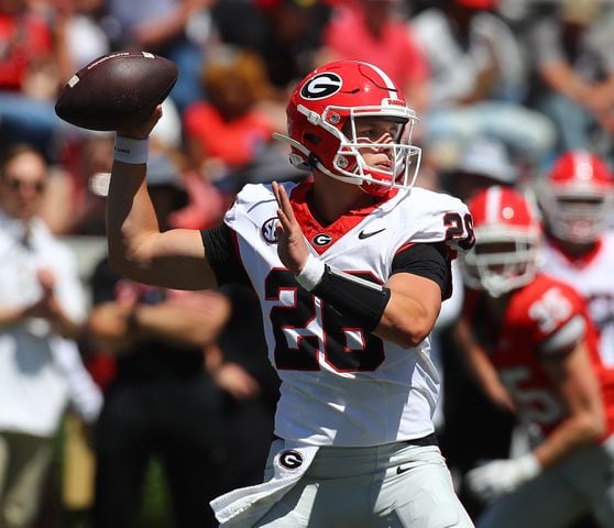Quarterback Collin Drake throws a pass during the G-Day game on Saturday, April 13, 2024.  Curtis Compton for the Atlanta Journal Constitution