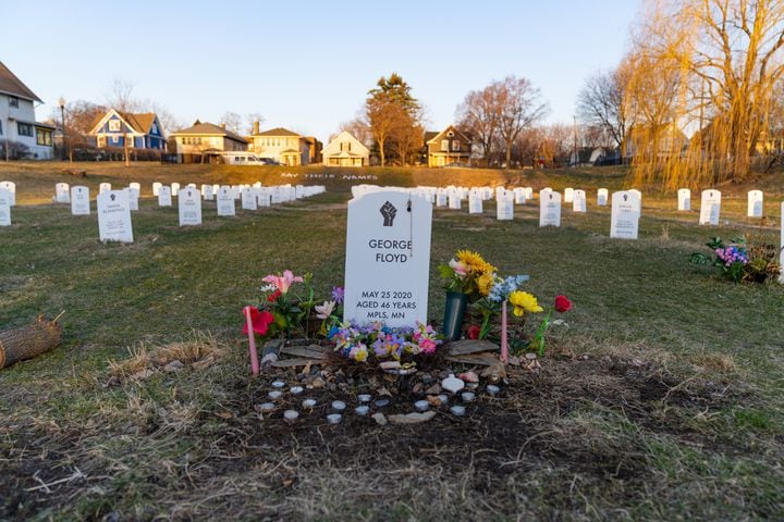 A headstone representing George Floyd at Say Their Names Cemetery in Minneapolis on Monday, March 29, 2021, a makeshift memorial to those who have died at the hands of police. (Aaron Nesheim/The New York Times)