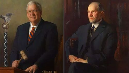 Former Speaker Dennis Hastert's portrait (left) was replaced in the Speaker’s Lobby with a portrait of Frederick H. Gillett, a Republican from Massachusetts who served in both houses of the U.S. Congress between 1879 and 1931, including six years as Speaker of the House.