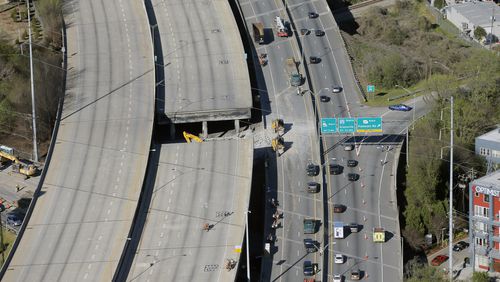 March 31,  2017 - Atlanta - A portion of I-85 remains closed because of Thursday's fire and bridge collapse. Aerial photos shot March 31, 2017.   BOB ANDRES  /BANDRES@AJC.COM