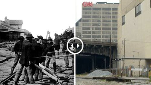 This is an image of an interactive photo that shows the destruction of Atlanta's railroads by Union soldiers in 1864 and the same location in today's Atlanta. The CNN Center can be seen in the back ground of today's picture. This interactive, which allows readers to slide back and forth between the same locations of 1864 and 2014, is part of the AJC's 'War In Our Backyards' digital project. The project launches Saturday, July 19.