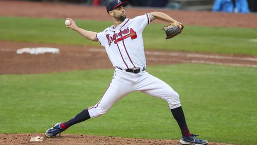 Reliever Nick Anderson delivers a pitch during the eighth inning of the Braves' 5-4 loss to the Marlins April 27 in Atlanta.