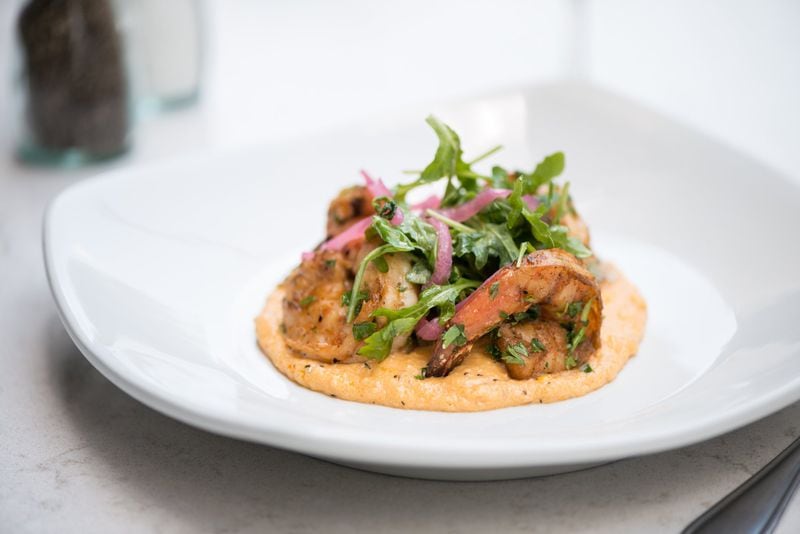  Georgia Shrimp with spiced creamed corn polenta, poblano pepper relish, and bacon butter. Photo credit- Mia Yakel.