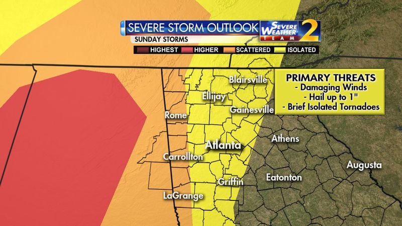 Severe storms could bring damaging wind, hail and brief tornadoes to metro Atlanta on Sunday. (Credit: Channel 2 Action News)