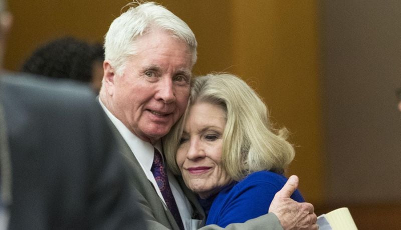 Claud “Tex” McIver embraces his sister, Dixie Martin, during the second day of his trial before Fulton County Superior Court Chief Judge Robert McBurney on Wednesday, March 14, 2018. Martin has been sitting in the courtroom during the proceedings. (ALYSSA POINTER/ALYSSA.POINTER@AJC.COM)