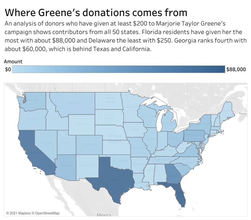 Donations to U.S. Rep. Marjorie Taylor Greene came from all 50 states. Graphic created by Isaac Sabetai.