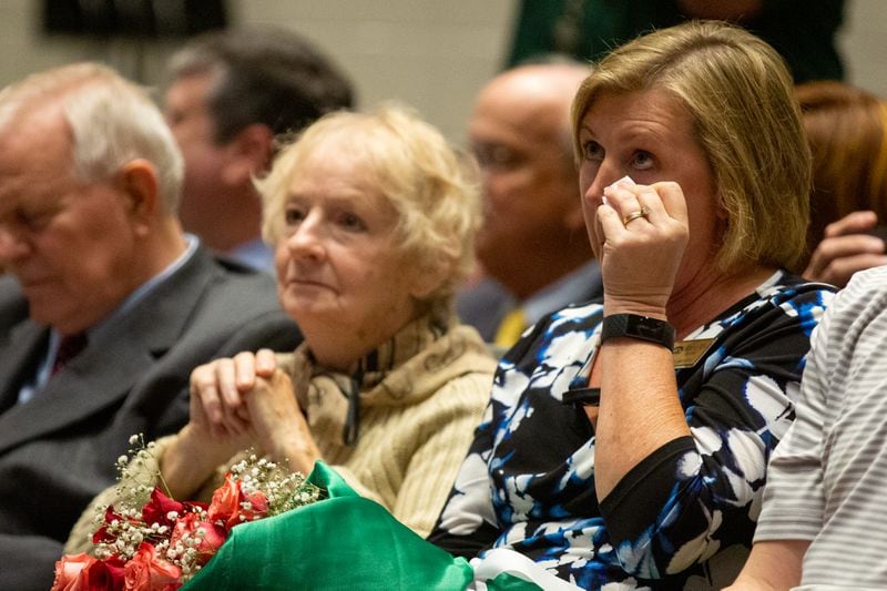 Collins High School Principal Keresna Wing tears up watching a presentation on her dedication to the school on Monday, Oct. 21, 2019, in Suwanee, Georgia. Wing was awarded National Principal of the Year by the National Association of Secondary School Principals. (Photo/Rebecca Wright for the Atlanta Journal-Constitution)