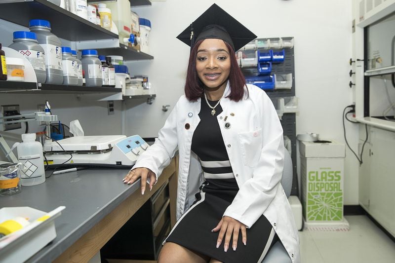 Georgia State University senior Antoinette Charles sits in a lab inside the Georgia State University Parker H. Petit Science Center in Atlanta, Friday, April 19, 2019. Charles, a Gates Millennium scholar, is studying neuroscience at Georgia State. She has been offered a position at the National Institutes of Health in Bethesda, Md., following graduation. Charles is a first-generation Haitian American. ALYSSA POINTER / ALYSSA.POINTER@AJC.COM
