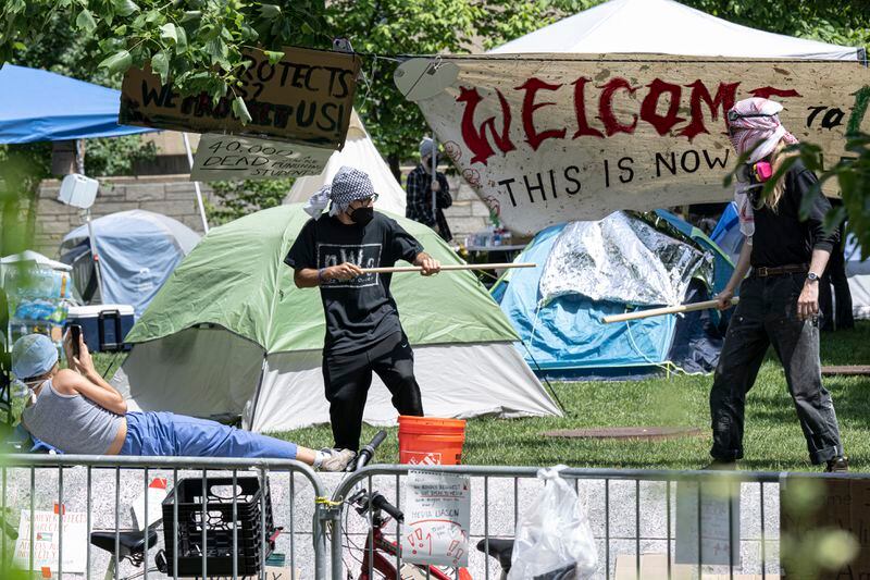 Protesters gather at Drexel University campus during a new Pro-Palestinian encampment on Monday, May 20, 2024, in Philadelphia. (Jose F. Moreno/The Philadelphia Inquirer via AP)