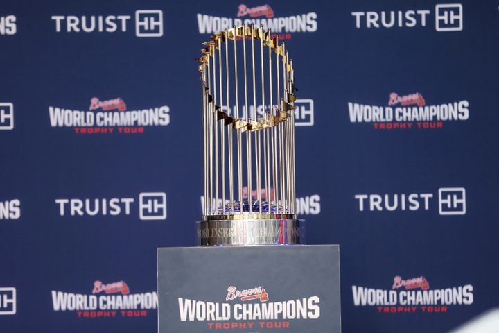 The Atlanta Braves 2021 World Champions Trophy sits at the stage at Colony Square in Midtown. Miguel Martinez for The Atlanta Journal-Constitution 