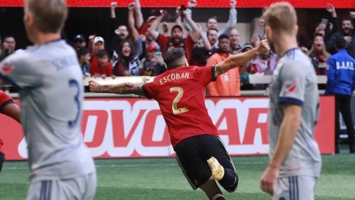 October 21, 2018 Atlanta: Atlanta United defender Franco Escobar celebrates his goal for a 1-0 lead over the Chicago Fire during the first half in a MLS soccer match on Sunday, Oct 21, 2018, in Atlanta.   Curtis Compton/ccompton@ajc.com