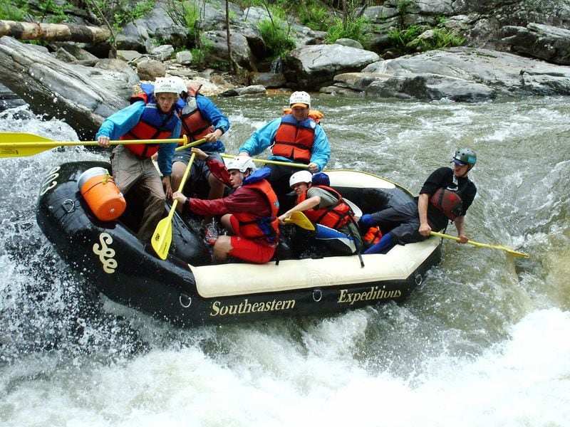 Rafters plunge down the Chattooga River’s Seven Foot Falls with Southeastern Expeditions. CONTRIBUTED