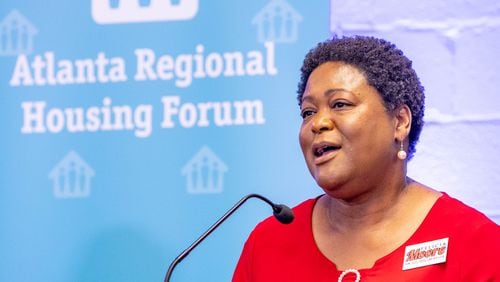Felicia Moore participates in the Atlanta Regional Mayoral Forum, centered around Atlanta's housing challenges and took place in two parts.  (Jenni Girtman for The Atlanta Journal-Constitution)
