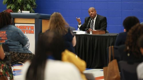 Clayton County School Superintendent Morcease Beasley talks about school safety at North Clayton Middle School in early May, one of three community discussions planned on the subject. Branden Camp/For the Atlanta Journal-Constitution