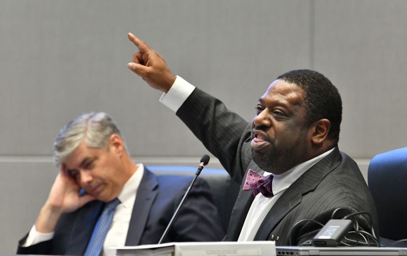July 14, 2021 Atlanta - Commissioner Marvin S. Arrington, Jr. reacts during a meeting at the Fulton County government building in Atlanta on Wednesday, July 14, 2021. Michel “Marty” Turpeau IV, chairman of the embattled Development Authority of Fulton County (DAFC), announced Monday he will end his dual role as interim executive director, effective Aug. 31. (Hyosub Shin / Hyosub.Shin@ajc.com)