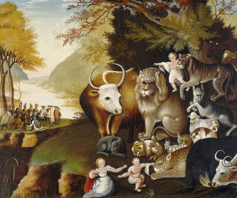 The High Museum’s new exhibit, “Outliers and the American Vanguard,” tracks the impact of the self-taught artist on contemporary and experimental art over the past hundred years. The show seeks to demonstrate that outside artists such as the 18th-century Quaker minister Edward Hicks (whose “The Peaceable Kingdom” is seen here) and 20th-century “Man of Visions” Howard Finster had ongoing interactions with trained artists who took inspiration and courage from their work. CONTRIBUTED BY HIGH MUSEUM OF ART