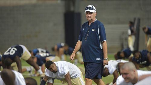 August 4, 2017 Atlanta - Georgia Tech head coach Paul Johnson watches over the first the first day of Georgia Tech football practice at Rose Bowl Field in Georgia Tech campus on Friday, August 4, 2017. HYOSUB SHIN / HSHIN@AJC.COM