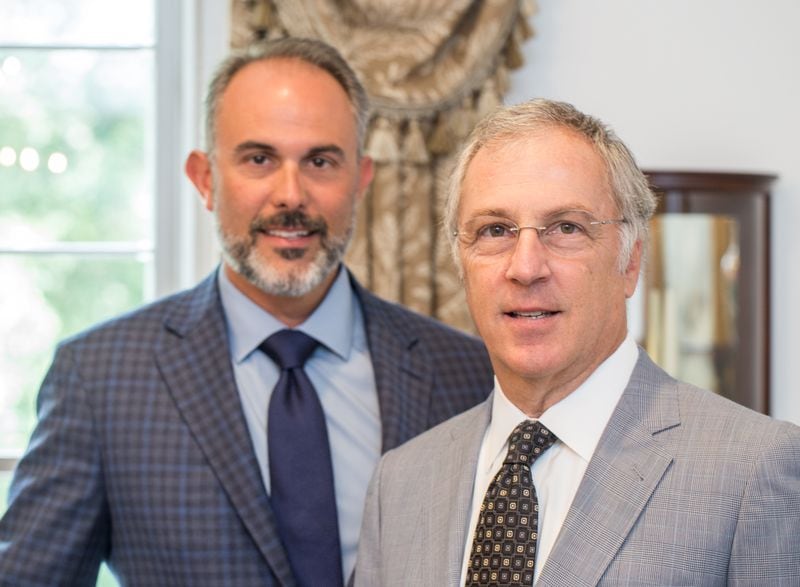 Jason Sheffield, left, and Bob Rubin are the attorneys representing Travis McMichael, who is charged with murder in the killing of Ahmaud Arbery.  Photo taken Wednesday, Sept 9, 2020.  (Jenni Girtman for The Atlanta Journal-Constitution)