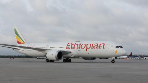 The inaugural flight of Ethiopian Airlines arrives at Maynard Jackson International Airport in Atlanta on Wednesday, May 17, 2023  (Natrice Miller/natrice.miller@ajc.com)