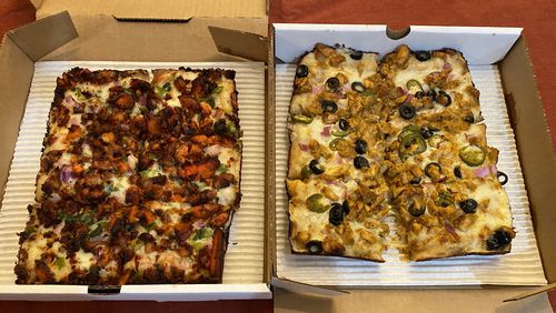 Rice N' Pie offers Detroit-style pizzas with Indian toppings, including the spicy 65 (left) and milder Butter Chicken (right). 
Ligaya Figueras / ligaya.figueras@ajc.com