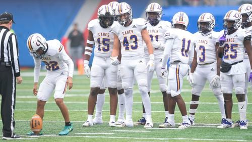 The Fitzgerald Hurricanes set up to kick in the first half of a GHSA class AA championship game Friday, Dec. 10, 2021 at Center Parc Stadium in Atlanta. (Daniel Varnado/ For the Atlanta Journal-Constitution)
