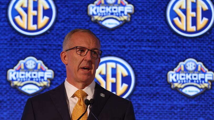 SEC Commissioner Greg Sankey speaks to the media during the 2021 SEC Football Kickoff Media Days on July 19,2021 at the Wynfrey Hotel in Hoover,Ala. (Jimmie Mitchell/SEC)