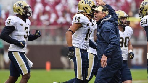 BLACKSBURG, VA - OCTOBER 3: Head coach Pat Narduzzi of the Pittsburgh Panthers reacts after his team's interception against the Virginia Tech Hokies in the first half at Lane Stadium on October 3, 2015 in Blacksburg, Virginia. Pittsburgh defeated Virginia Tech 17-13. (Photo by Michael Shroyer/Getty Images)