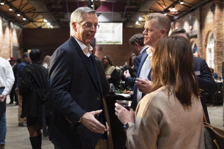 Secretary of State Brad Raffensperger greets people at the Wild Hog Supper, which is the traditional kick off to the legislative session in Atlanta on Sunday, Jan. 7, 2024.   (Ben Gray / Ben@BenGray.com)