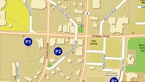 Map depicts Alpharetta’s three downtown parking decks: P1, the existing deck in City Center, and P2 and P3, to be constructed at an estimated cost of $8 million west of Main Street. CITY OF ALPHARETTA