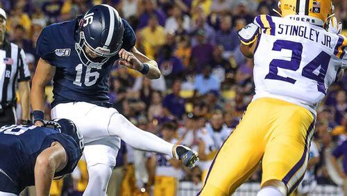 Here Tyler Bass kicking against the LSU. (Screen grab from Georgia Southern's website)